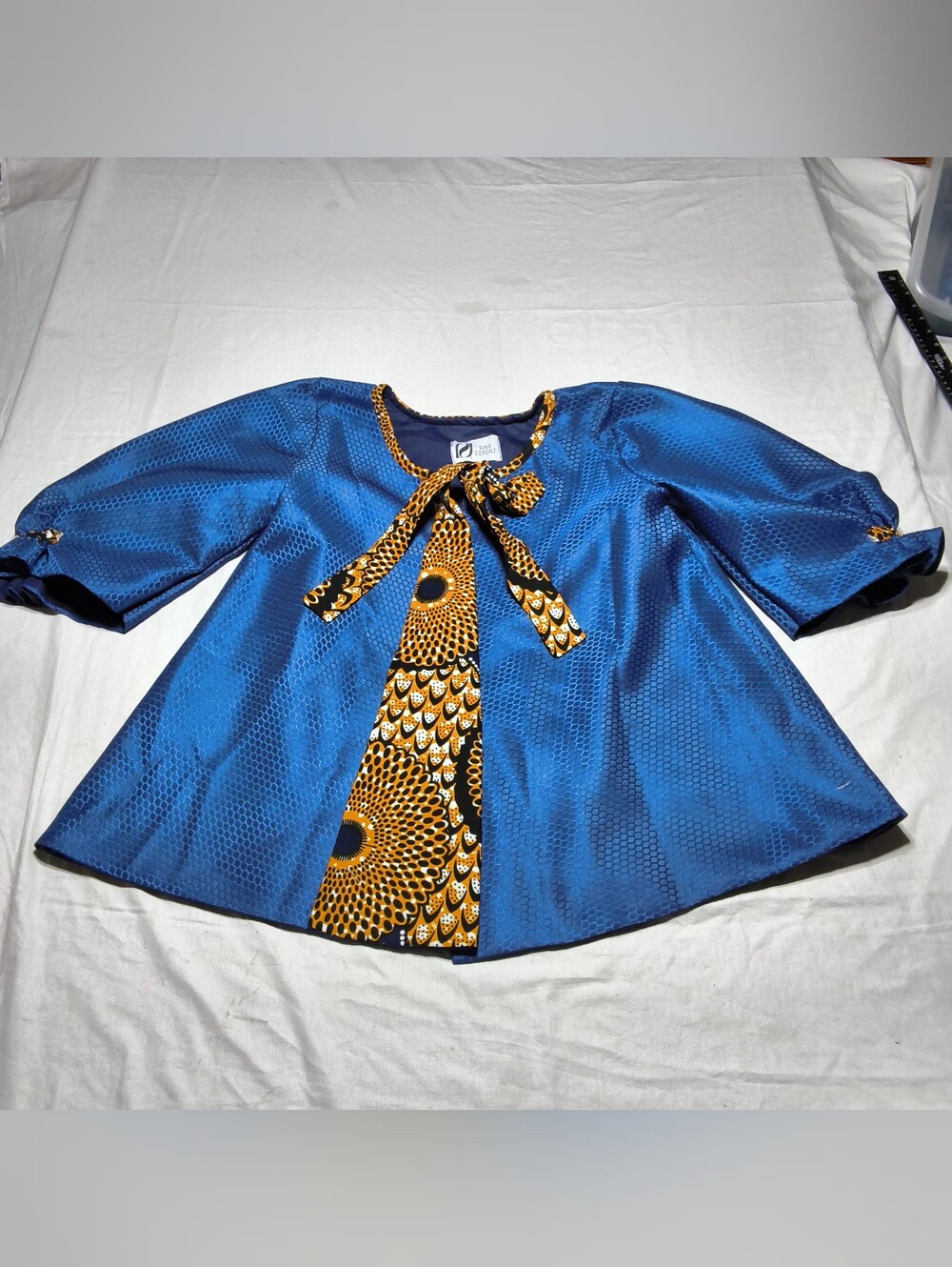 Rina Depont Blue African Print Tie Front Blouse Top Size 1X